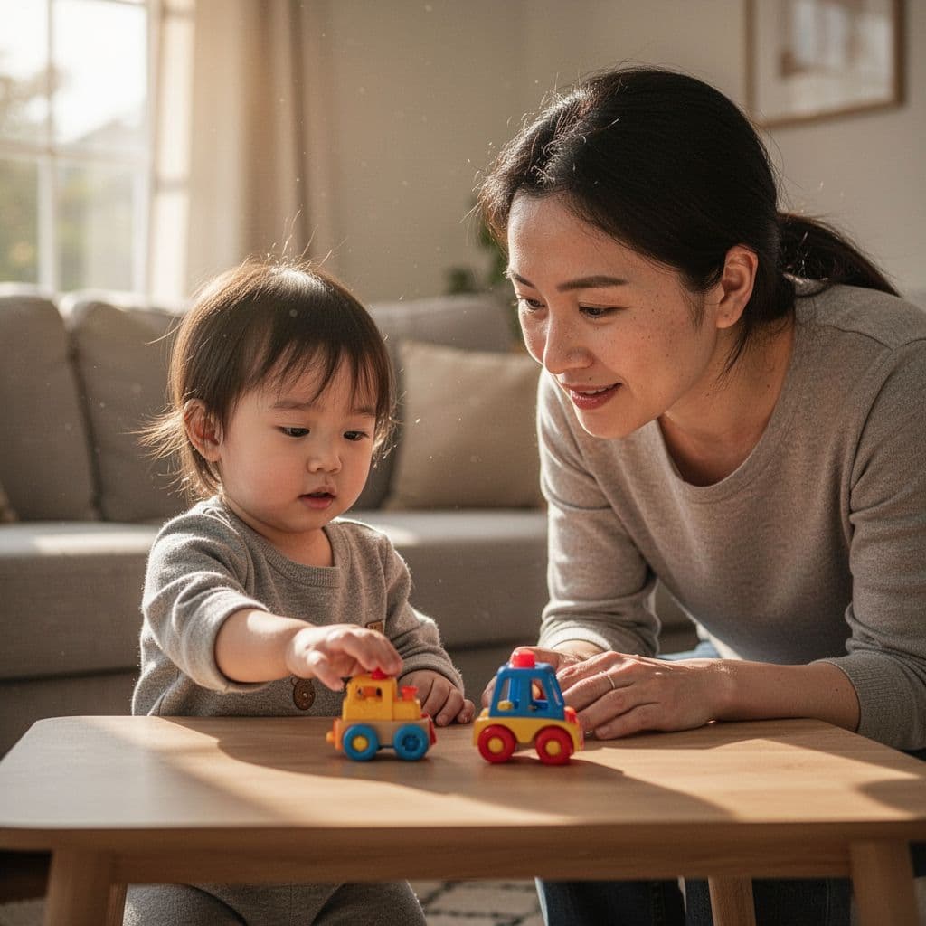 A concerned parent leans closely over a young child choosing between two toys indoors.