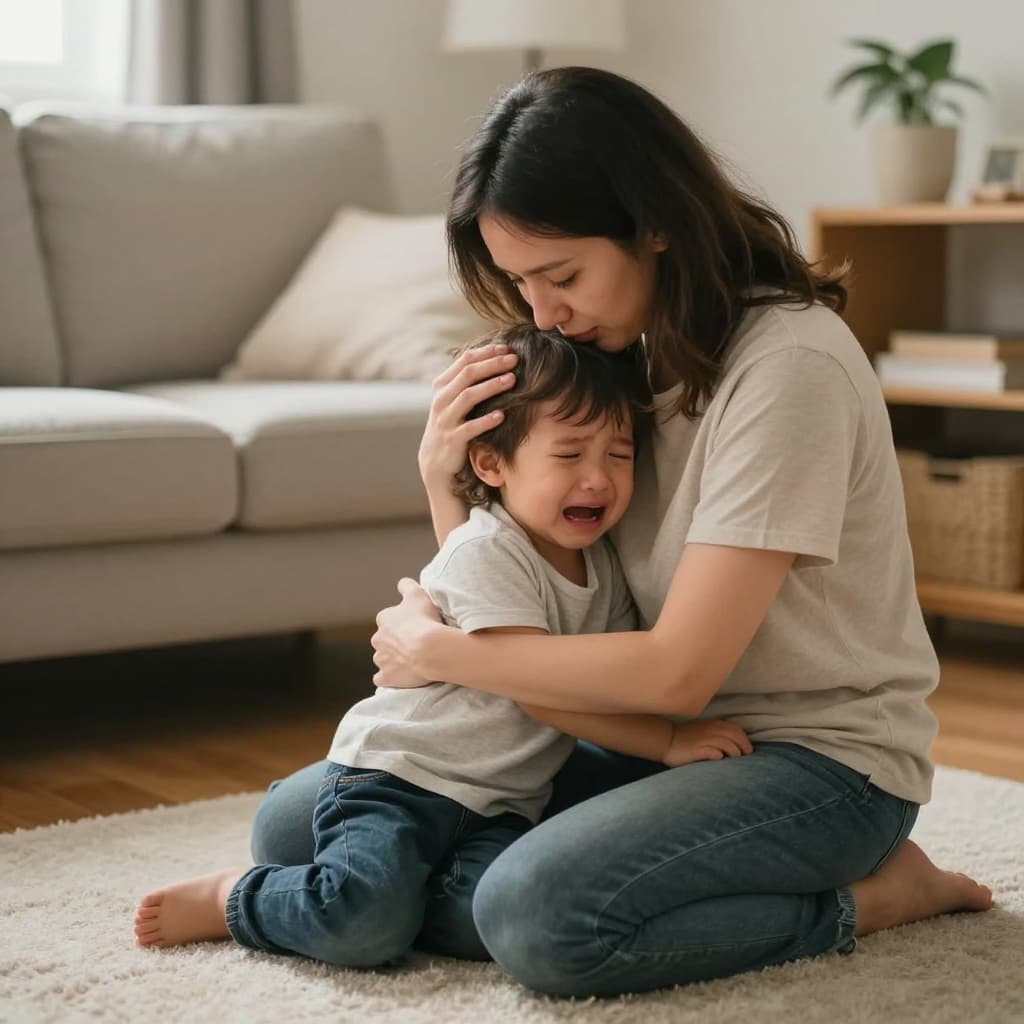 Kneeling parent hugs crying toddler in cozy indoor setting.