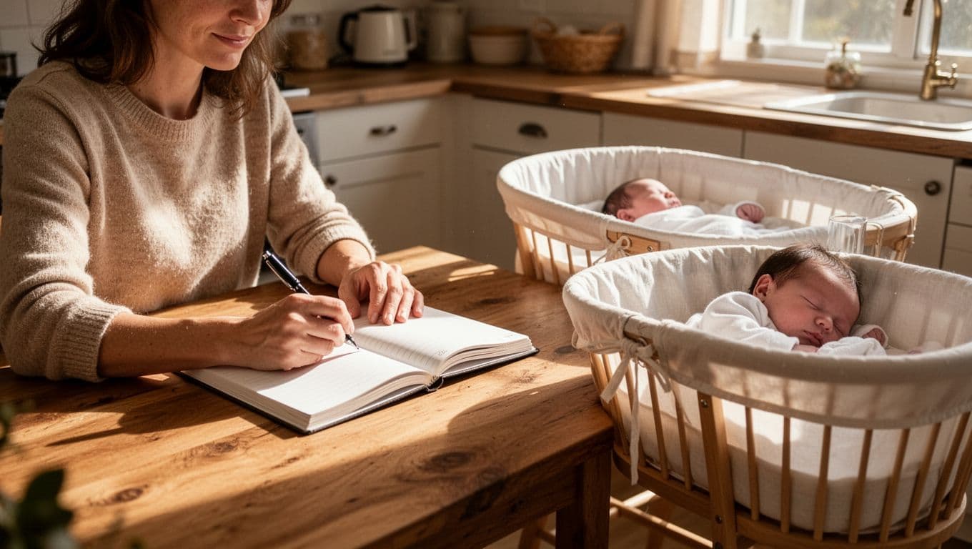 Relaxed parent writes in open notebook at wooden kitchen table, newborn asleep in bassinet nearby, morning light from window.