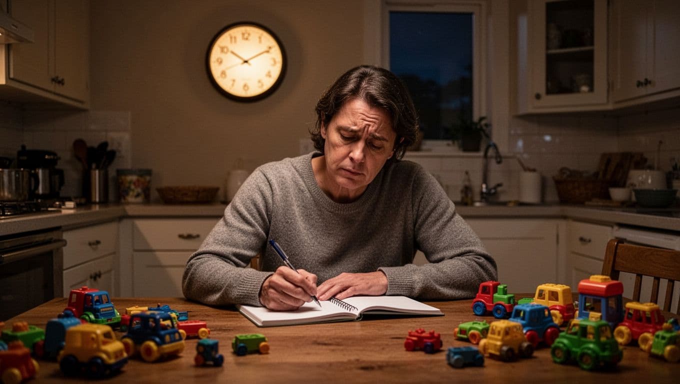 Parent writes in notebook at kitchen table amid scattered toys, evening clock visible, stressed yet reflective expression.