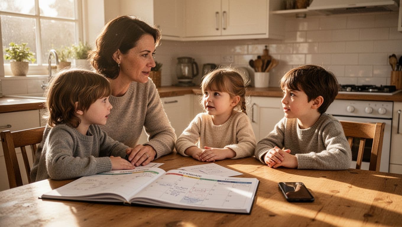 Parent talks with two children at kitchen table near open calendar and phone in morning light.
