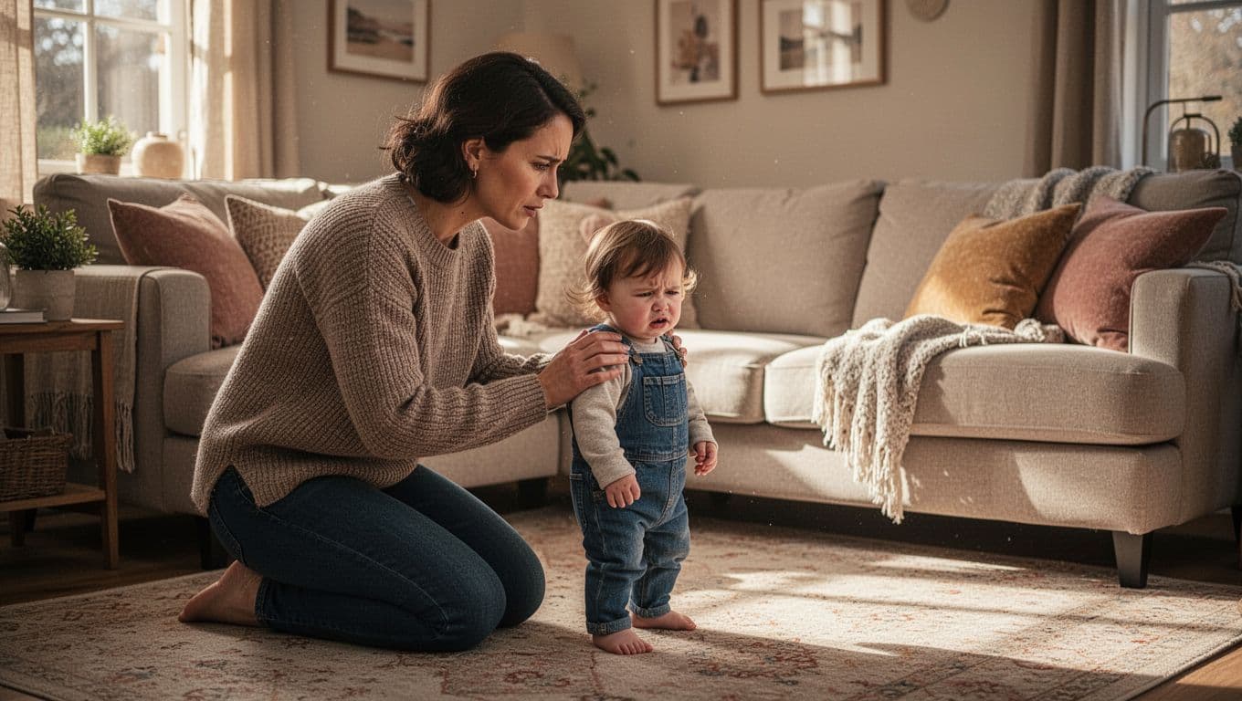 Parent kneels at eye level with upset toddler in cozy living room, hand on shoulder.