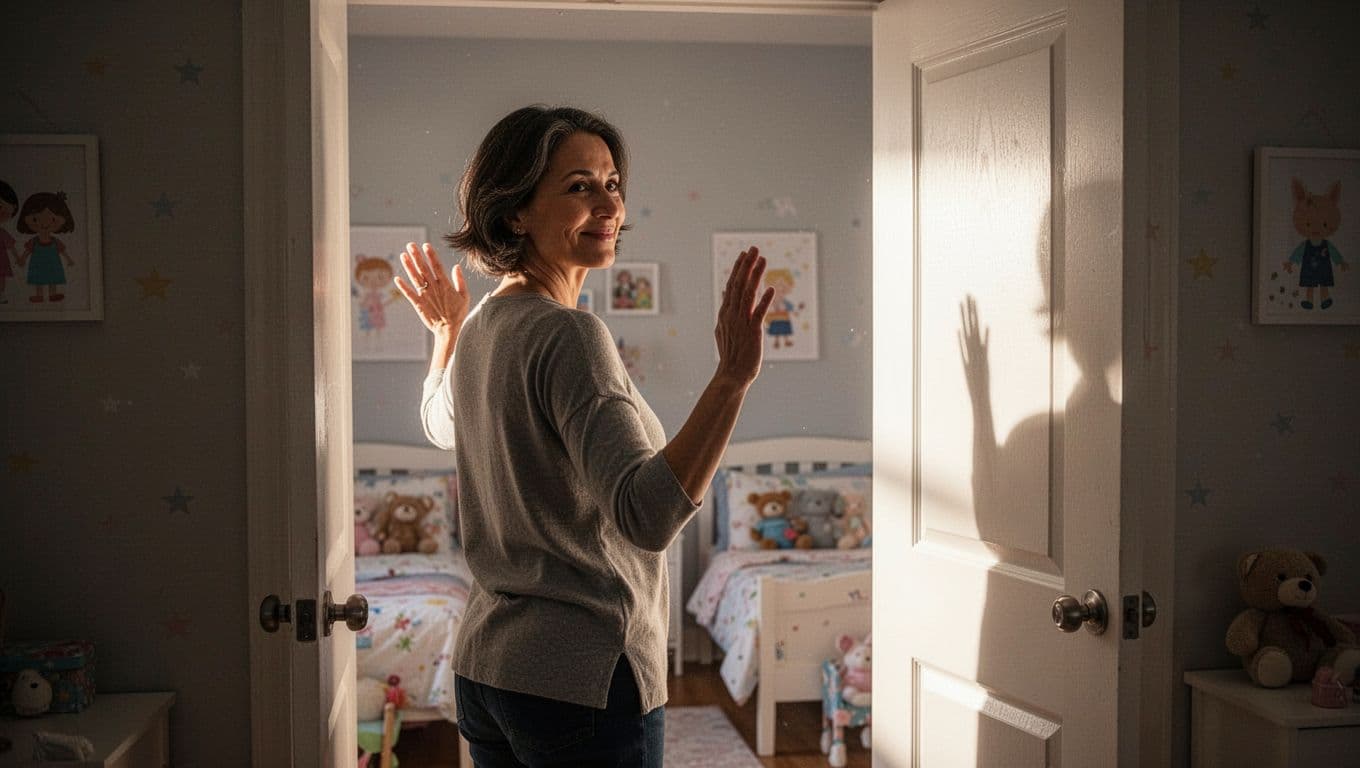 A parent stands in a brightly lit doorway, looking back into a child's room with a gentle smile. Soft morning light streams through the frame, creating a calm and reassuring atmosphere.