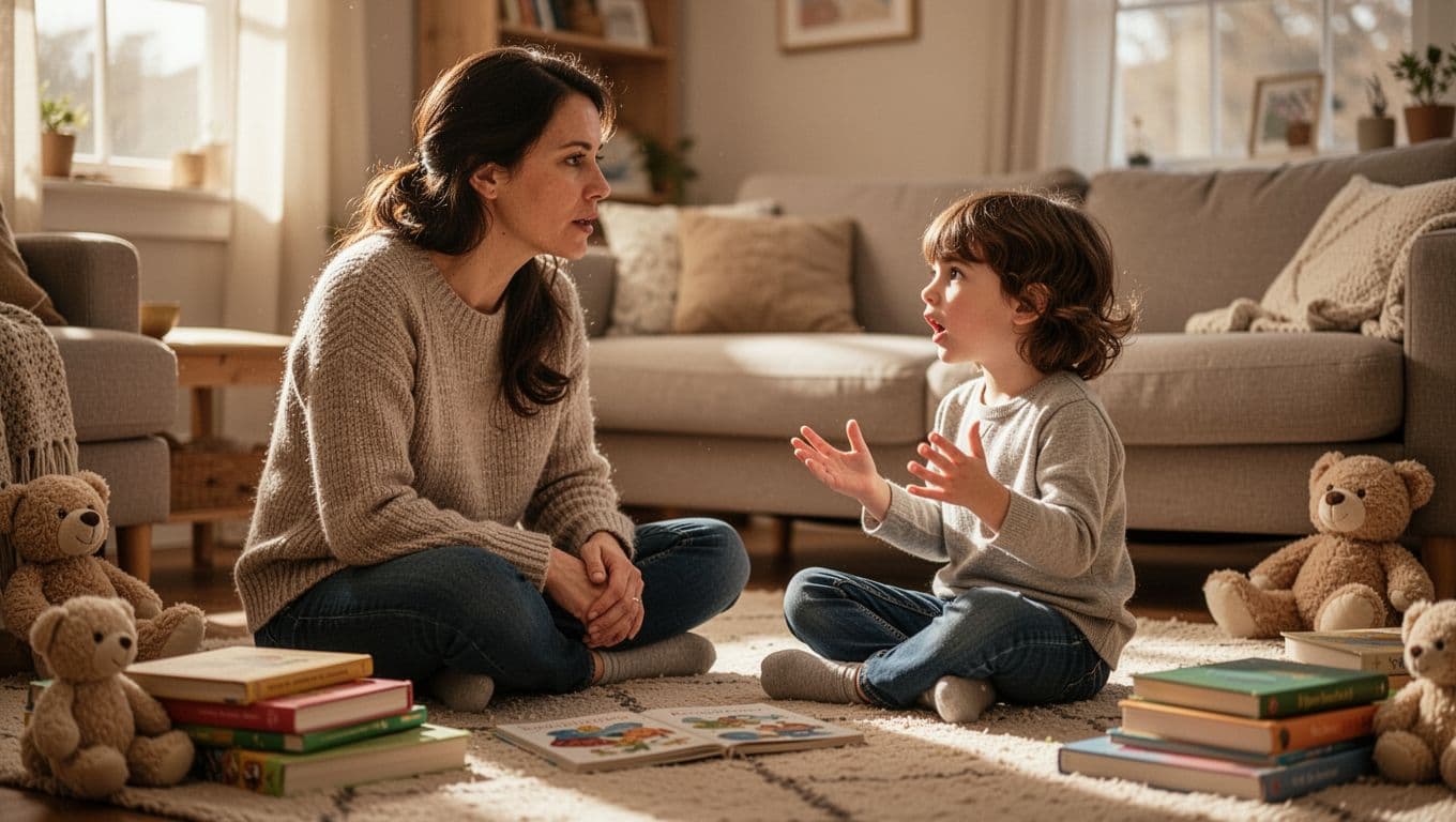 Parent sits on living room floor attentively listening to young child talking with hand gestures, books and toys in background.