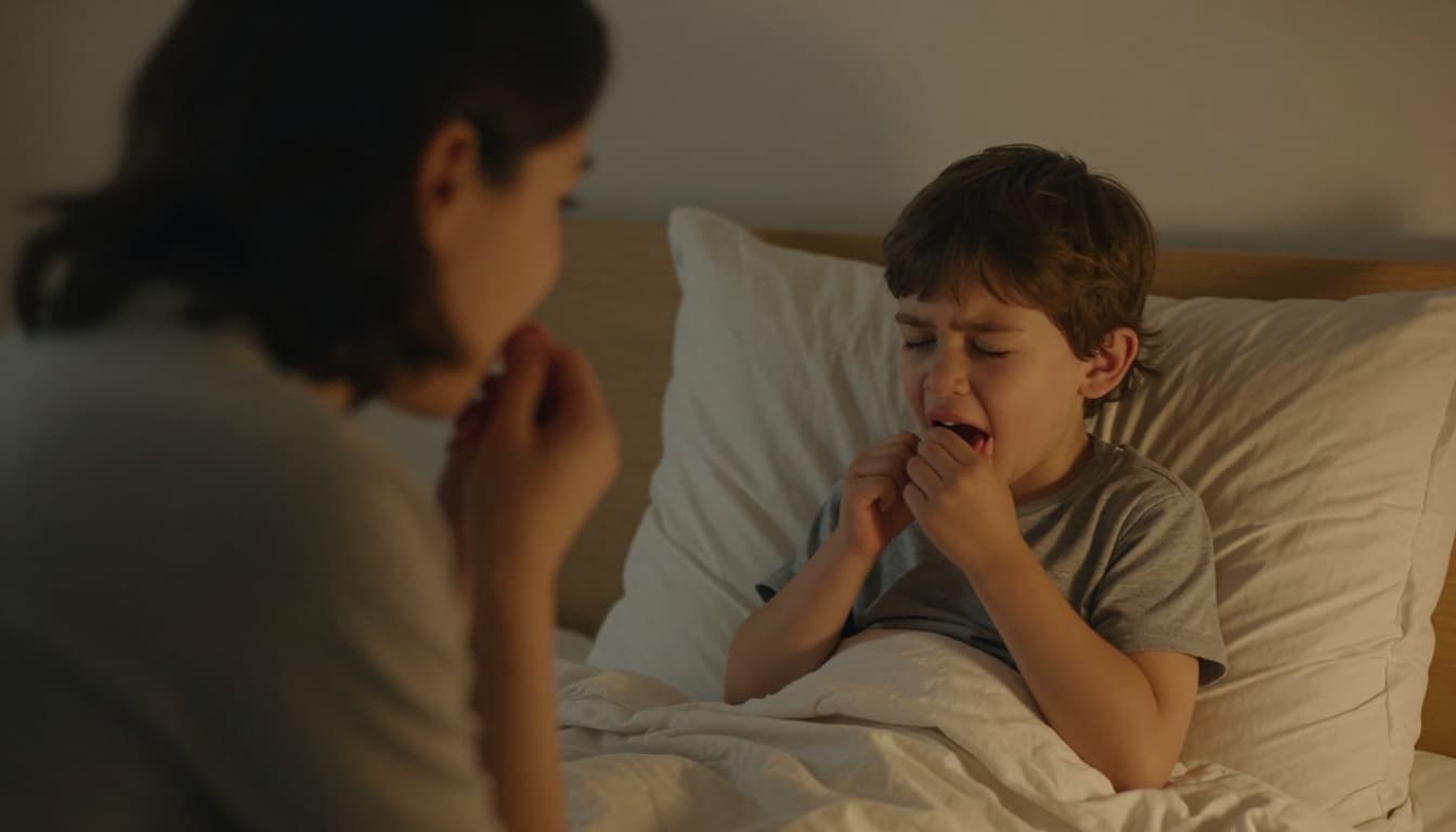 Parent leans close to toddler sitting up in bed, listening to cough in dimly lit bedroom.