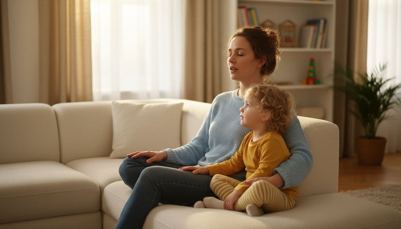 Realistic photo of a parent sitting with young child on living room couch, parent calmly saying something while taking deep breaths, child watching attentively, warm natural light, exactly two people, no text, no logos.
