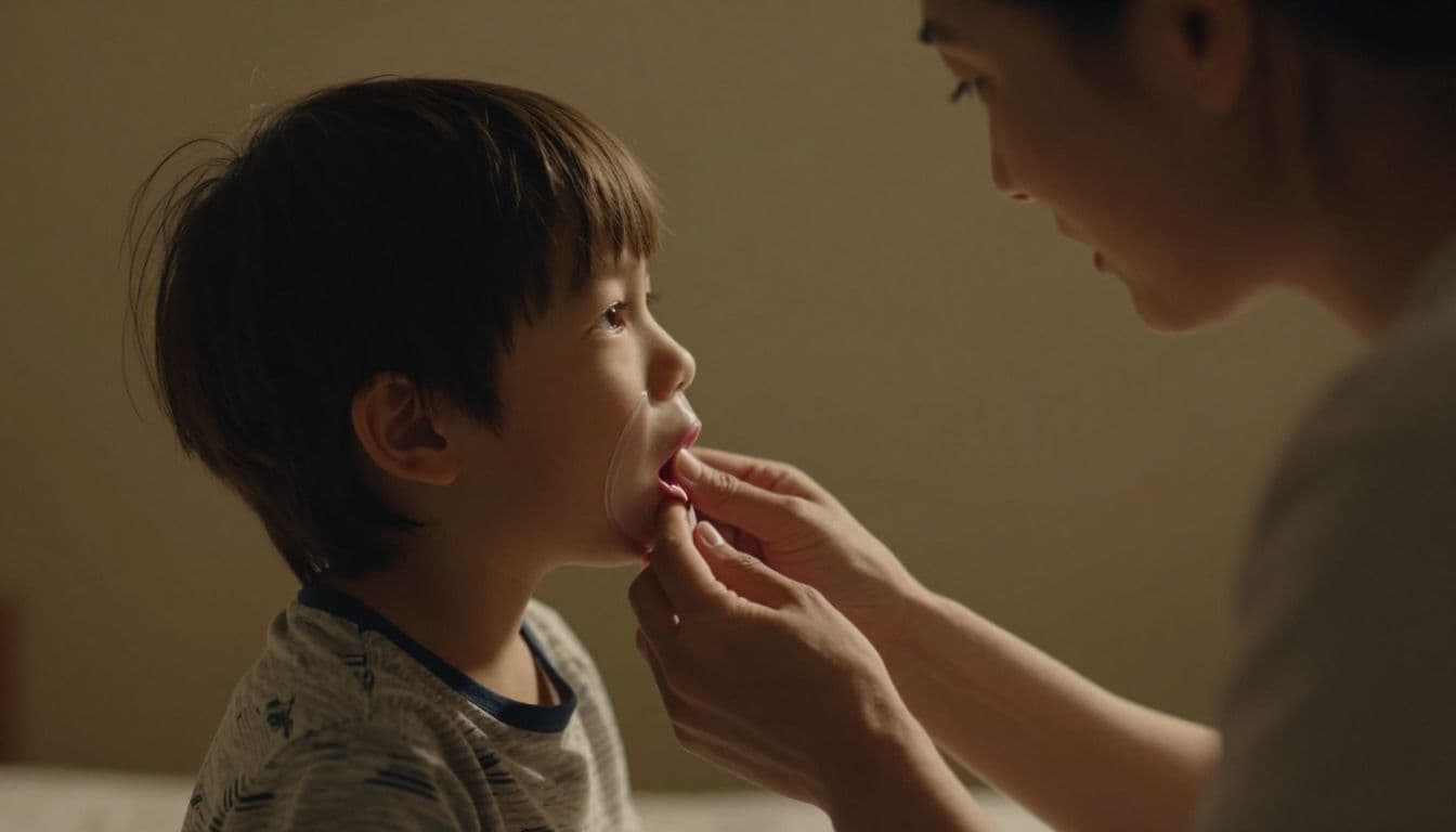 A parent gently checking a young child's breathing, cinematic style, warm ambient lighting, strong contrast, depth, focus on care and attention, no text, no logos.