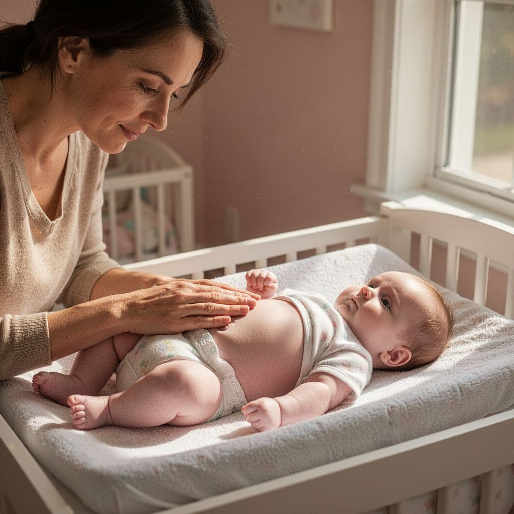 A parent gently watches their infant's belly while the baby lies on a changing table.