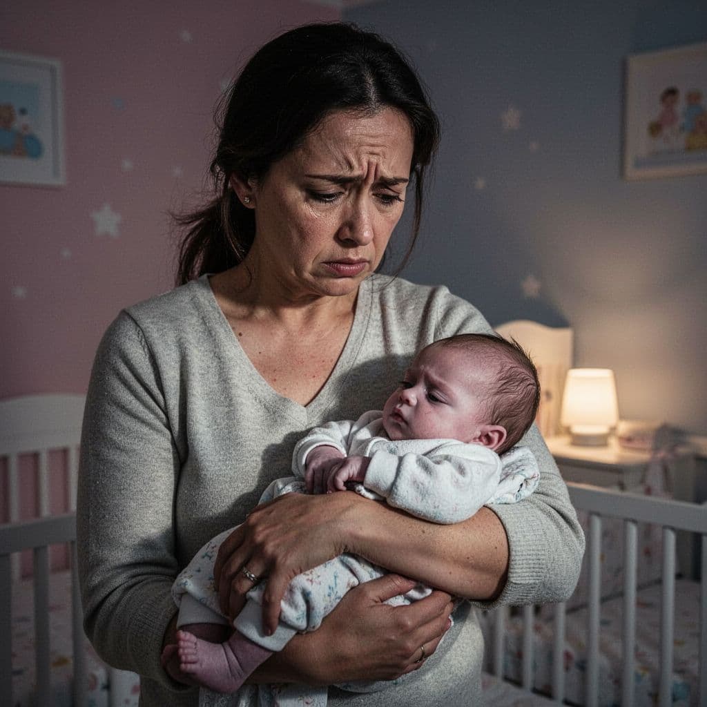 A concerned parent cradles a pale and lethargic infant in a dimly lit nursery room.