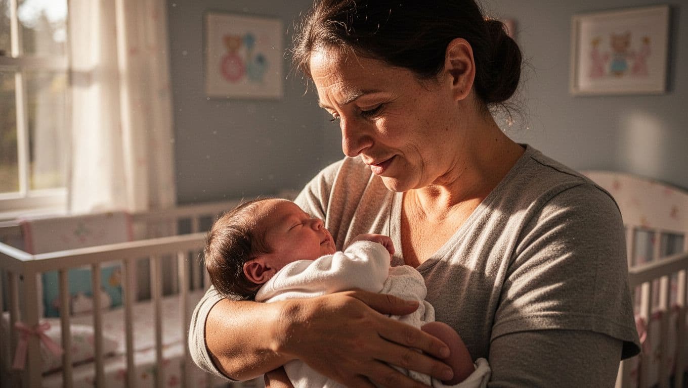 A parent looks down with a tender smile while cradling a tiny newborn wrapped in a soft blanket. Warm sunlight streams into the nursery, illuminating their faces in this quiet moment.