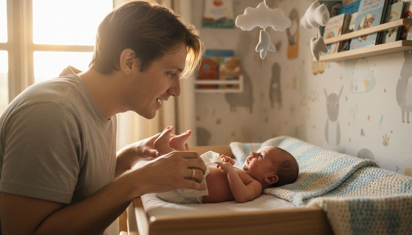Parent gently changing newborn diaper on changing table in cozy nursery, holding baby close for eye contact, smiling and talking softly as baby looks up, warm natural light.