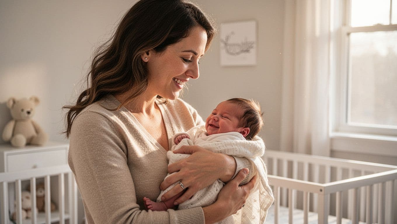 Joyful parent cradles newborn baby with subtle smile and alert eyes locking gazes in cozy nursery.
