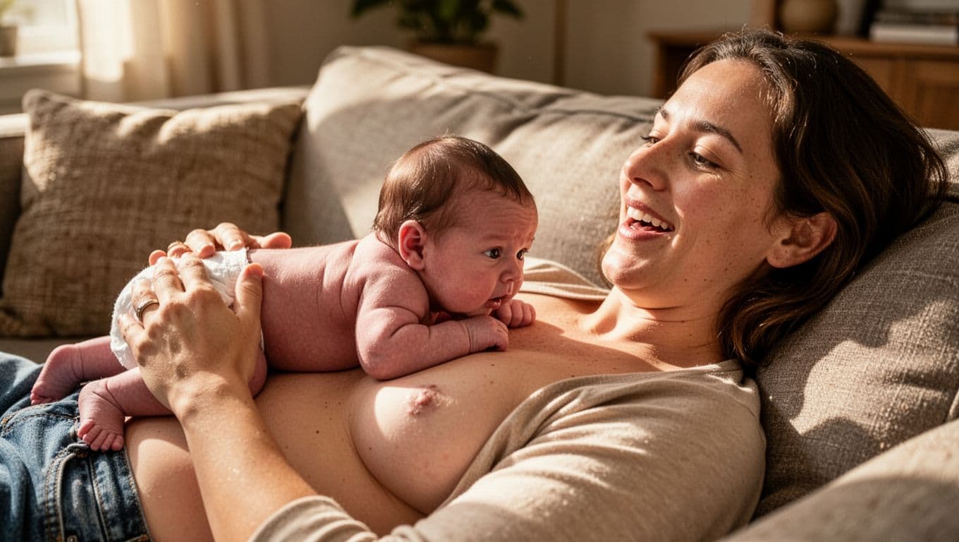 Parent reclined on couch holding newborn tummy-down on bare chest for skin-to-skin contact, baby lifting head for eye contact, warm light, realistic photo.
