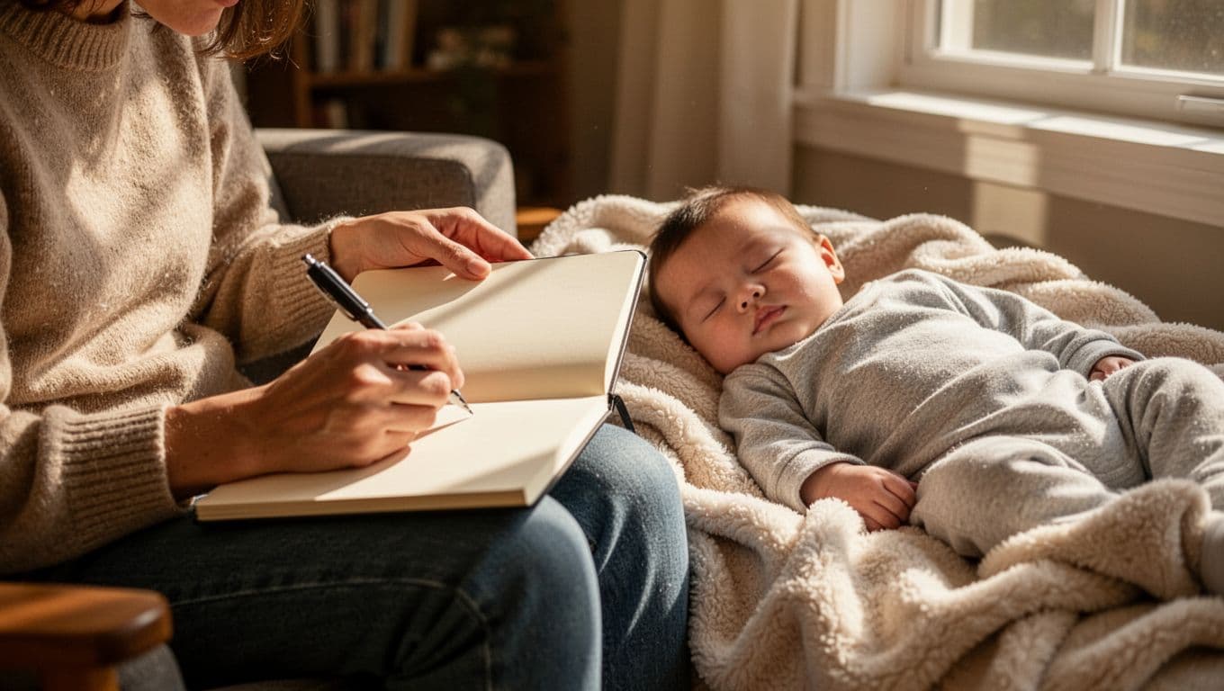 Parent writes in notebook about baby symptoms, baby sleeps nearby on blanket in cozy home.