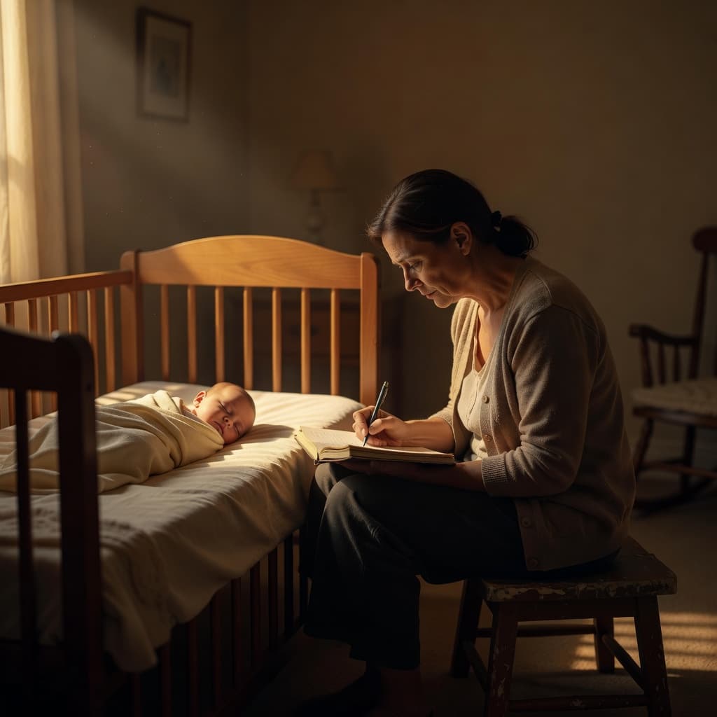 A focused parent sits beside a wooden crib, illuminated by soft golden light while jotting down observations in a notebook. The sleeping infant rests peacefully in the warm, dim nursery.