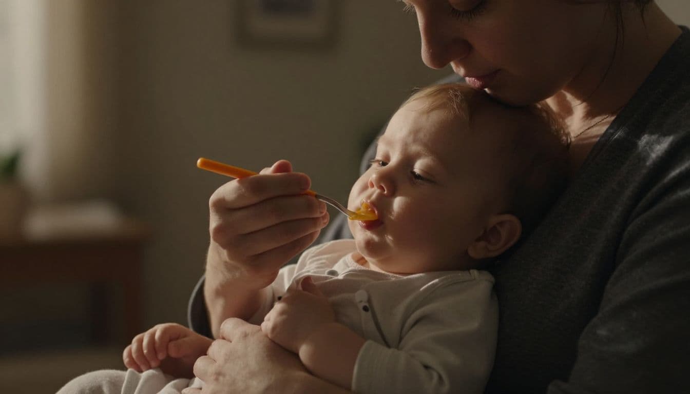 A parent cradles their infant during a quiet feeding session in a dimly lit nursery. Soft golden light illuminates the baby's expressive face, highlighting their mouth and delicate skin texture.