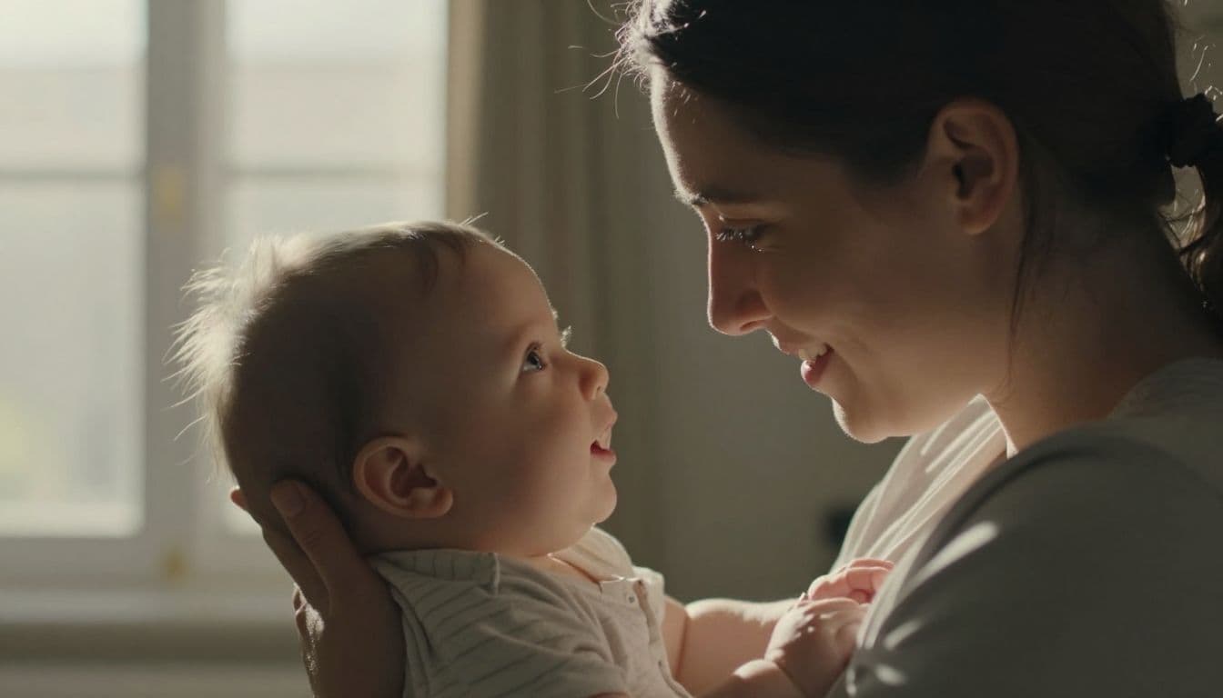 A caregiver cradles a small infant close to their chest while maintaining soft, focused eye contact. Bright, warm sunlight streams into the room, illuminating their faces during this gentle bonding interaction.