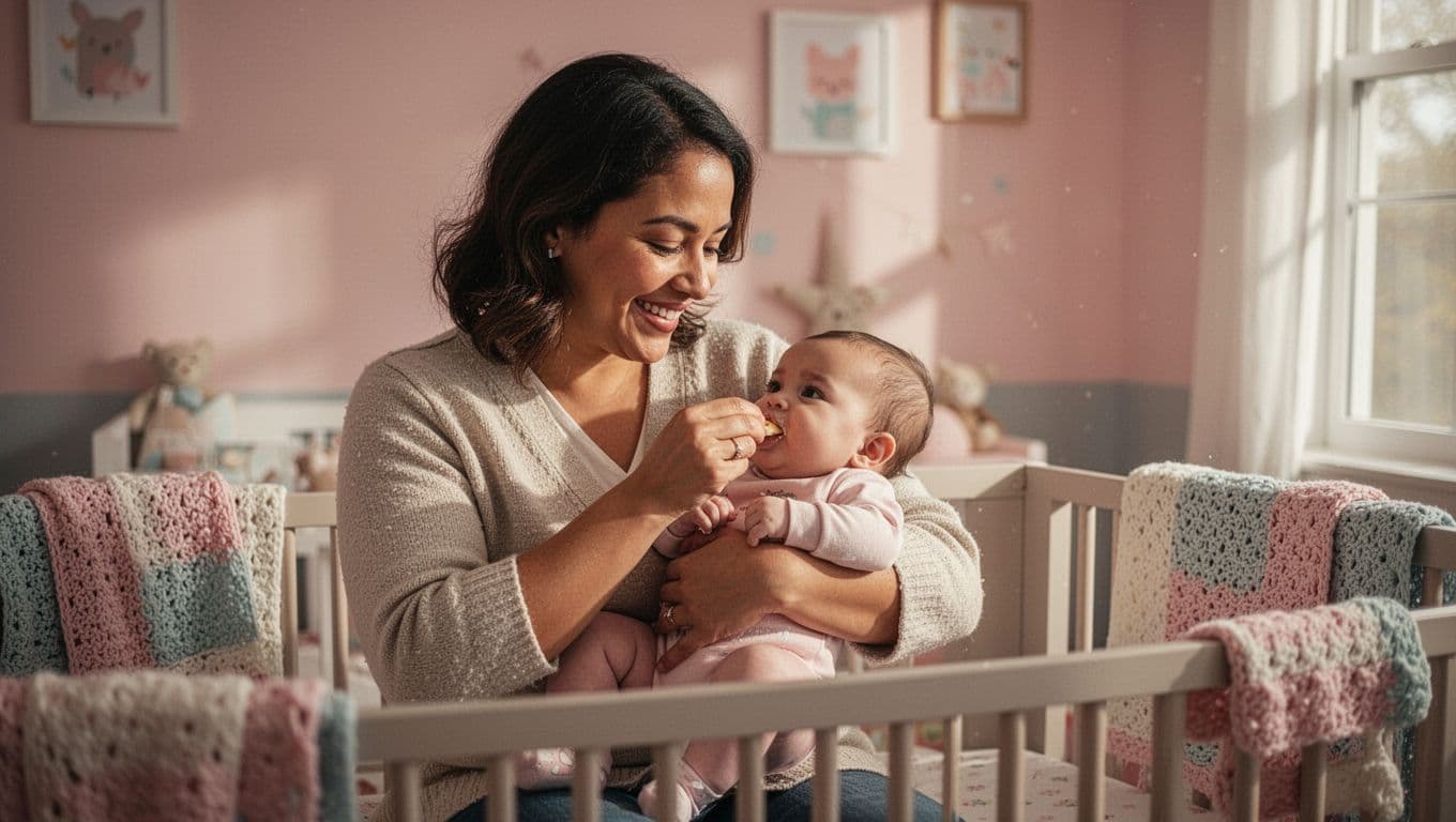 A smiling parent holds a small infant securely in a sunlit room, focusing on their serene bond. The nursery features soft textiles and a warm, tranquil atmosphere for quiet bonding.