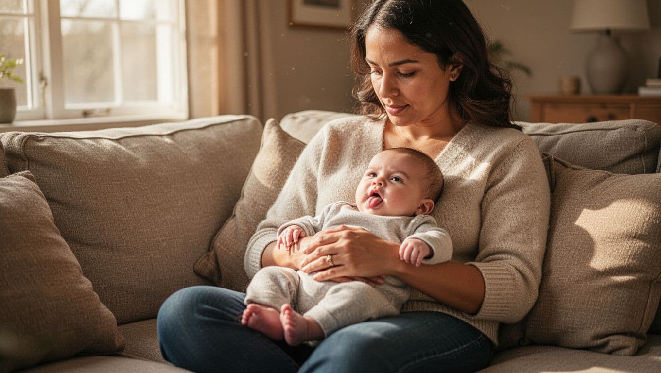 Parent sits on couch with baby in lap, looking at baby's open mouth and protruding tongue in living room.
