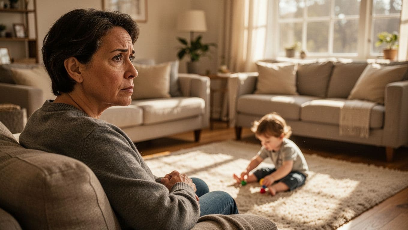 A thoughtful parent sits on a sofa, intently observing their young child playing across the sunlit room. Dramatic lighting emphasizes the parent's focused expression while the child remains softly out of focus.