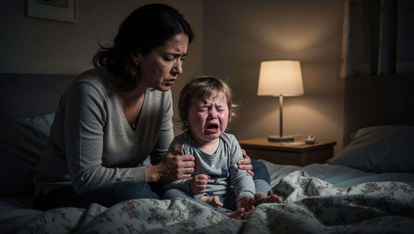 A worried parent sits at the bedside in a dimly lit room, intently watching their young child breathe. Dramatic shadows cast contrast across the child's face, highlighting their respiratory struggle.