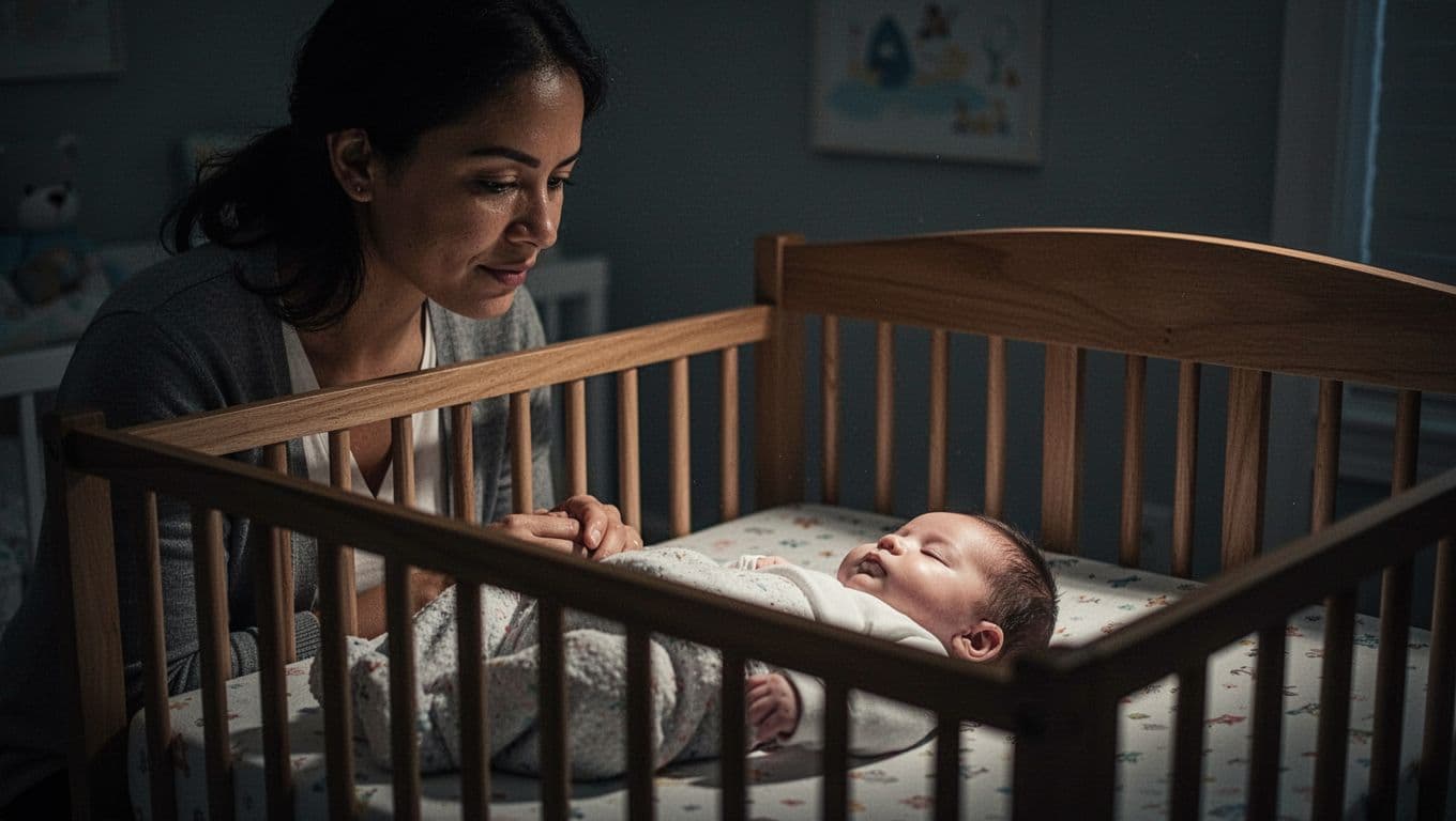 A silhouette of a watchful parent leans over a wooden crib in a darkened nursery. Soft ambient light highlights the baby's calm face, emphasizing the quiet connection during late night hours.
