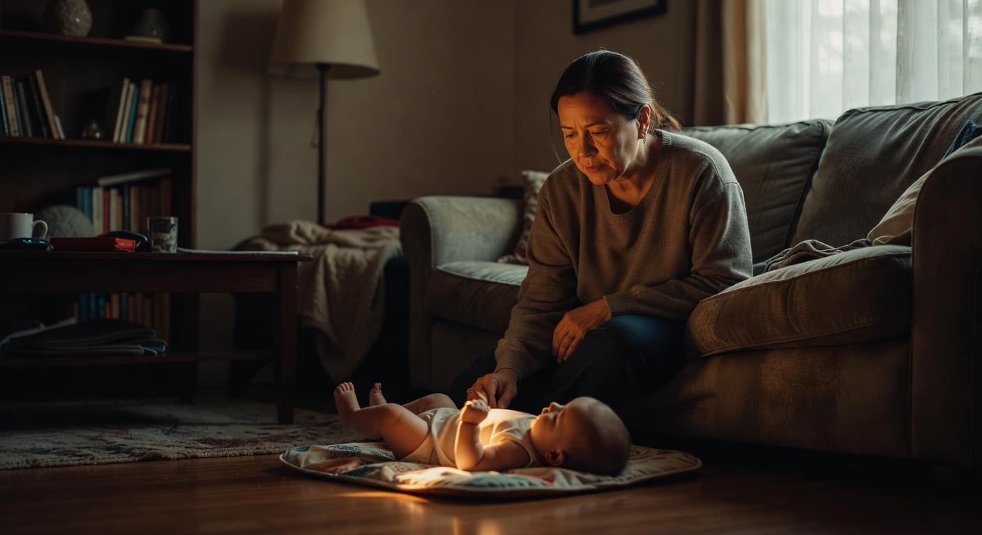 A parent with a contemplative expression gazes down at their sleeping baby in a softly lit living room. Warm ambient light illuminates their gentle interaction, emphasizing a deep emotional connection.