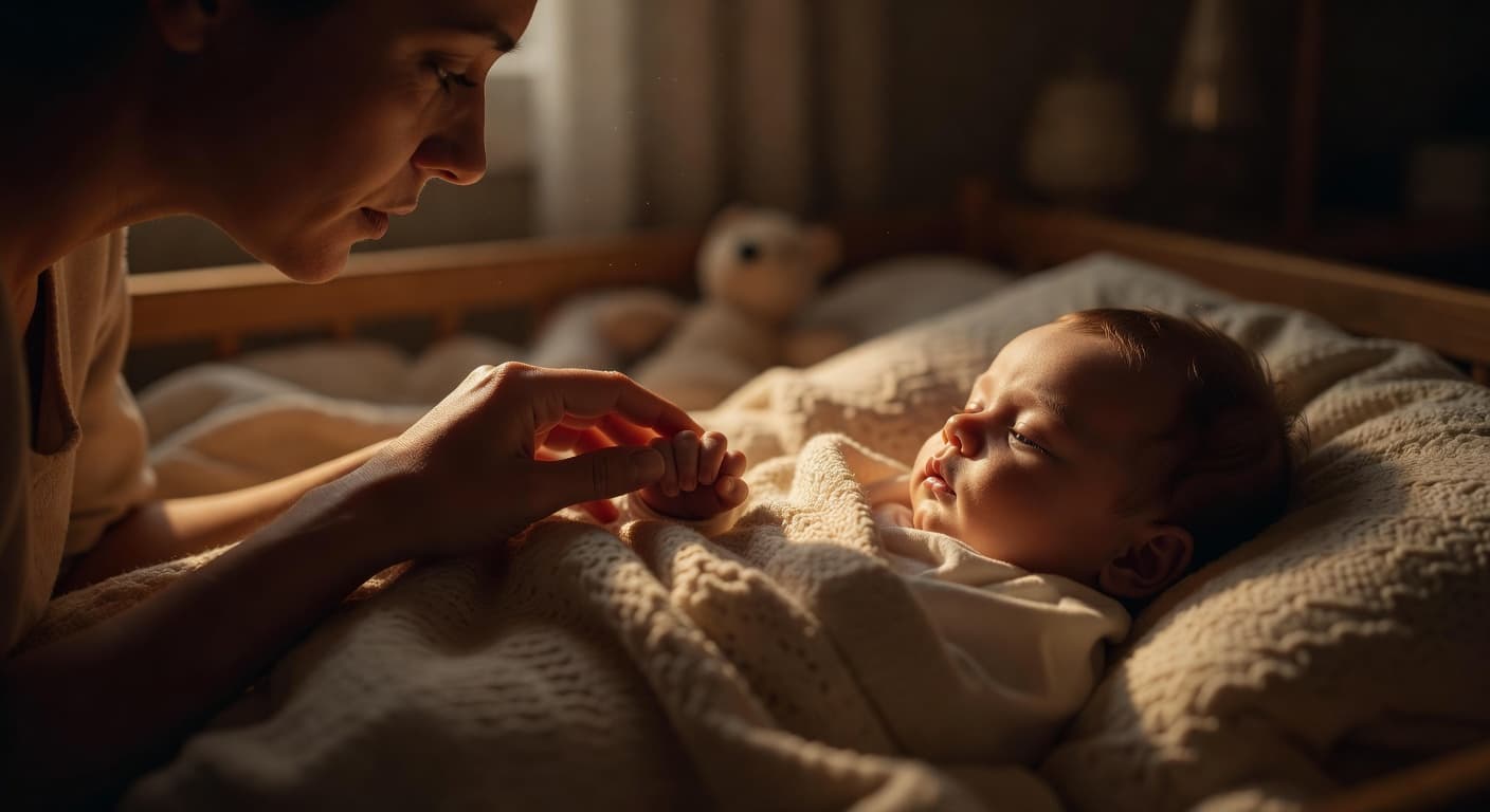 A close-up view captures a parent gently holding a baby's tiny hand against a plush, cream-colored blanket. The warm lighting highlights the parent's focused expression and the infant's delicate skin texture.