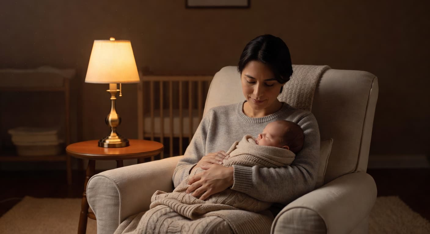 A parent leans over a bassinet in a dimly lit, warm-toned nursery, watching their infant with a focused and concerned expression. Soft ambient lighting highlights the quiet atmosphere of nighttime care.
