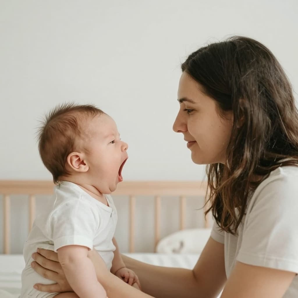 A parent watches their newborn baby yawn in a soft, naturally lit nursery.