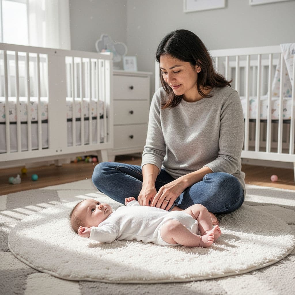 Parent sits on nursery rug gazing at baby lying on back.