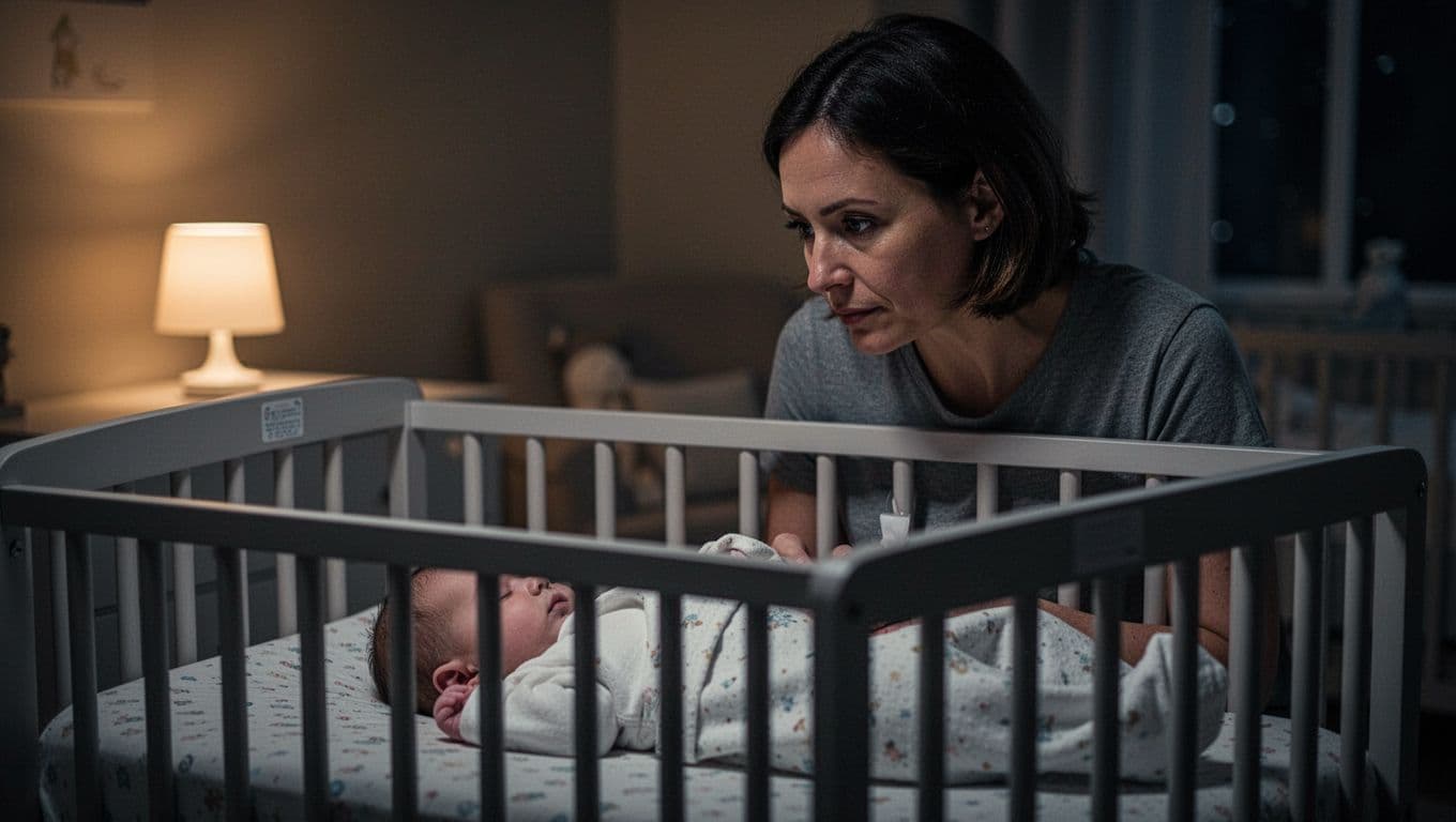 Parent thoughtfully observes peacefully sleeping baby in crib in soft-lit nursery at night.