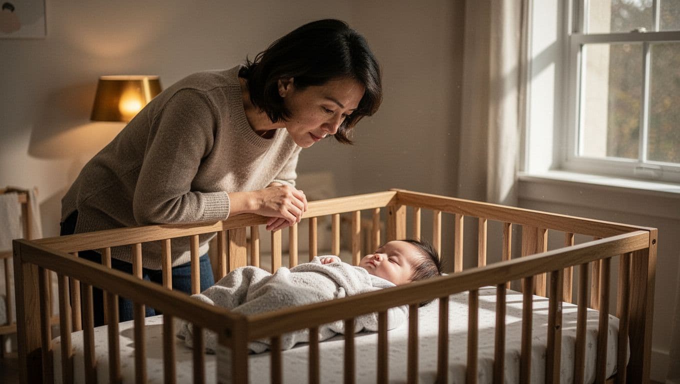A parent leans over a wooden crib, softly gazing down at a peacefully resting infant. The scene is illuminated by a warm, golden glow from a nearby bedside lamp, creating deep shadows.