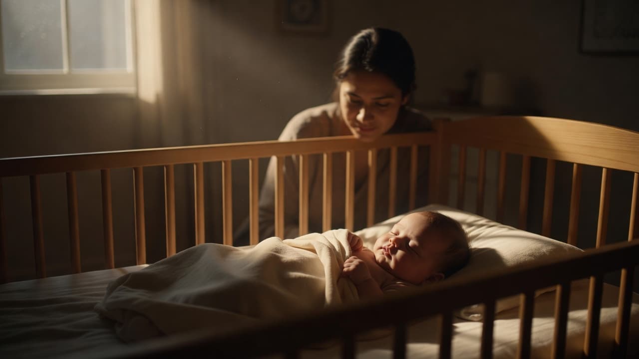 A silhouette of a parent leans over a wooden crib, softly illuminated by warm, golden light. Inside, a four-month-old baby rests peacefully, with soft focus highlighting the child's serene expression.