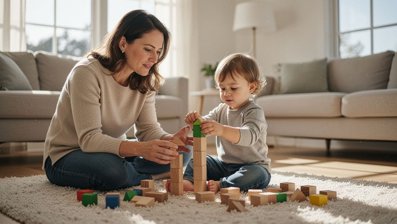 A parent quietly observes their toddler stacking wooden blocks in a sunny living room.