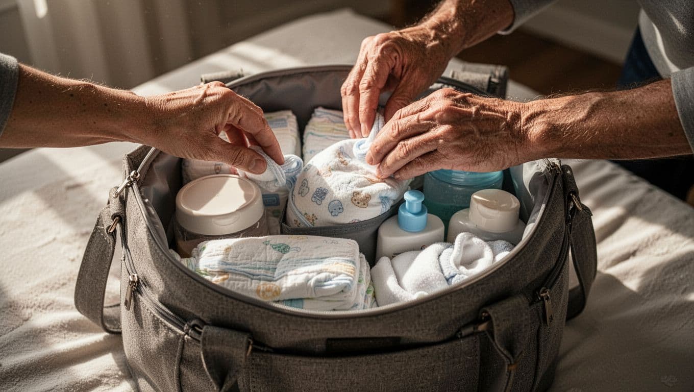 A parent's hands carefully arrange soft onesies and folded cloth diapers inside a spacious canvas bag. Soft morning light streams across the textured fabric, highlighting the careful preparation for departure.