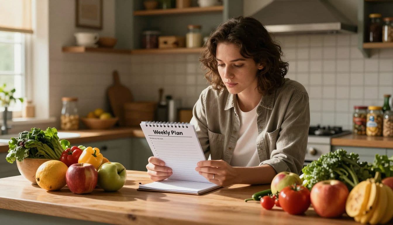A parent writes notes on a notepad inside a sunlit kitchen filled with fresh produce and pantry goods. Warm light illuminates the organized vegetables and ingredients spread across the wooden counter.