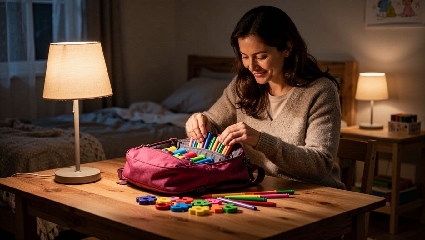 A parent carefully tucks supplies into a bright preschool backpack resting on a wooden table. The scene is illuminated by soft, warm lamplight that creates cozy evening shadows and depth.