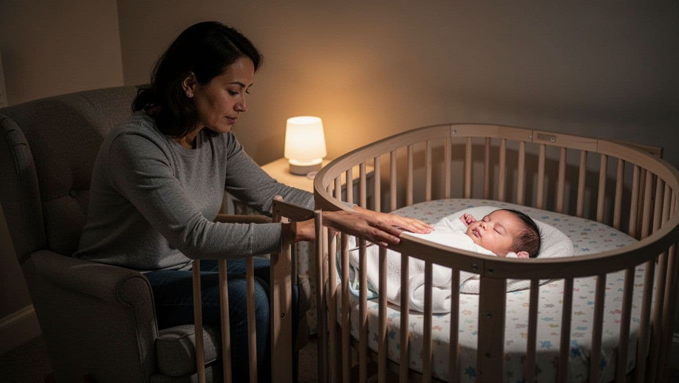 Parent sits in chair by baby's crib in dim nursery, patting baby's back through slats.