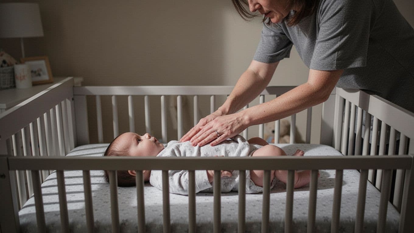 A parent gently pats their baby's back while the baby lies in a crib in a dimly lit nursery.