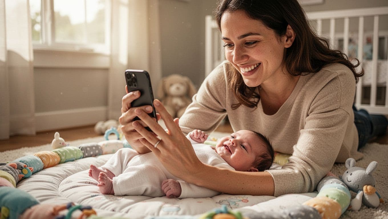Smiling parent takes smartphone photo of grinning newborn on playmat in nursery.