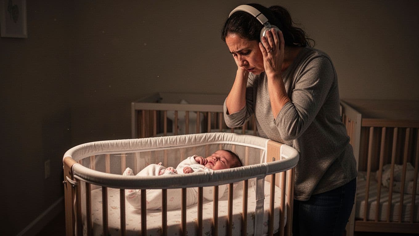 Exhausted parent gently places fussy newborn in bassinet and steps back with hand on headphones.