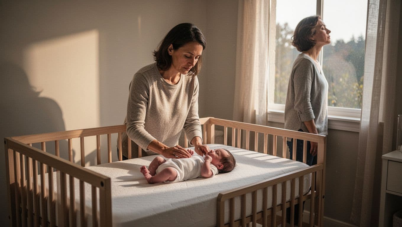 Parent places newborn on back in bare crib then steps to window taking deep breath in sunlit nursery.