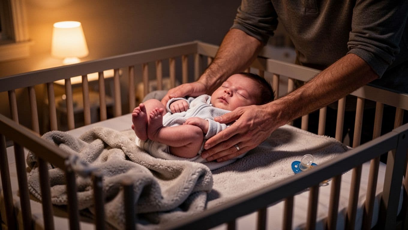 Parent lowers drowsy baby into crib in dimly lit nursery with nightlight glow.