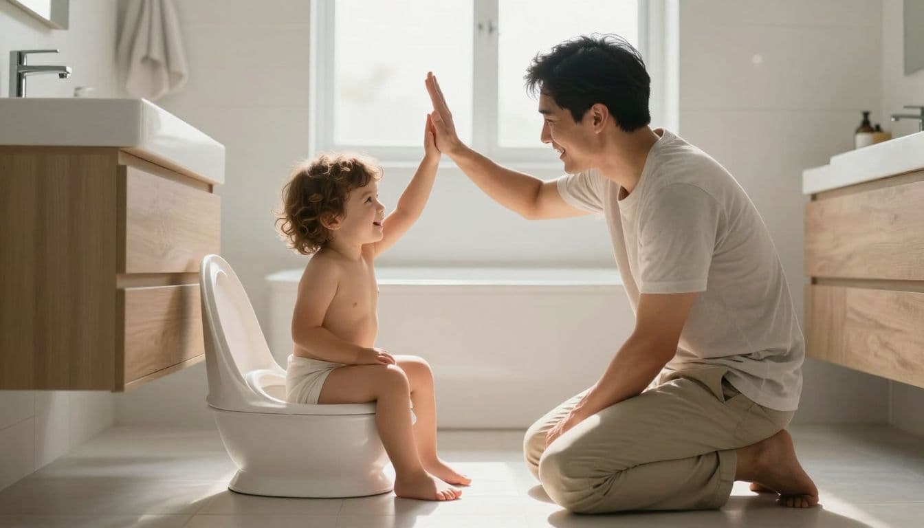 A parent kneels on the tiled floor, smiling warmly while sharing a gentle high-five with a happy toddler. Soft sunlight fills the clean, modern bathroom to create an encouraging and supportive atmosphere.
