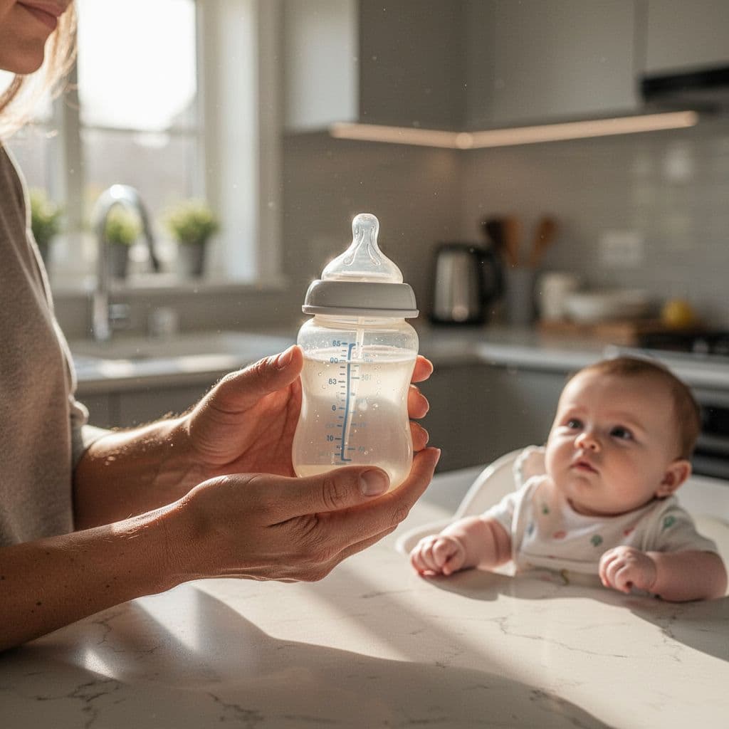 A parent holds a baby bottle in a sunny kitchen environment.