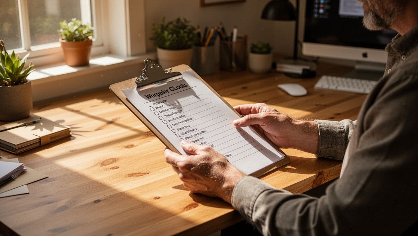 A focused individual sits at a light-toned wooden desk, examining a blank checklist on a clipboard. Warm sunlight illuminates the home office, highlighting a cozy environment dedicated to careful nursery preparations.