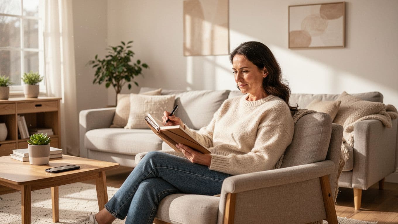 A calm parent sits in a sunlit living room with a notepad and pen before calling a doctor.