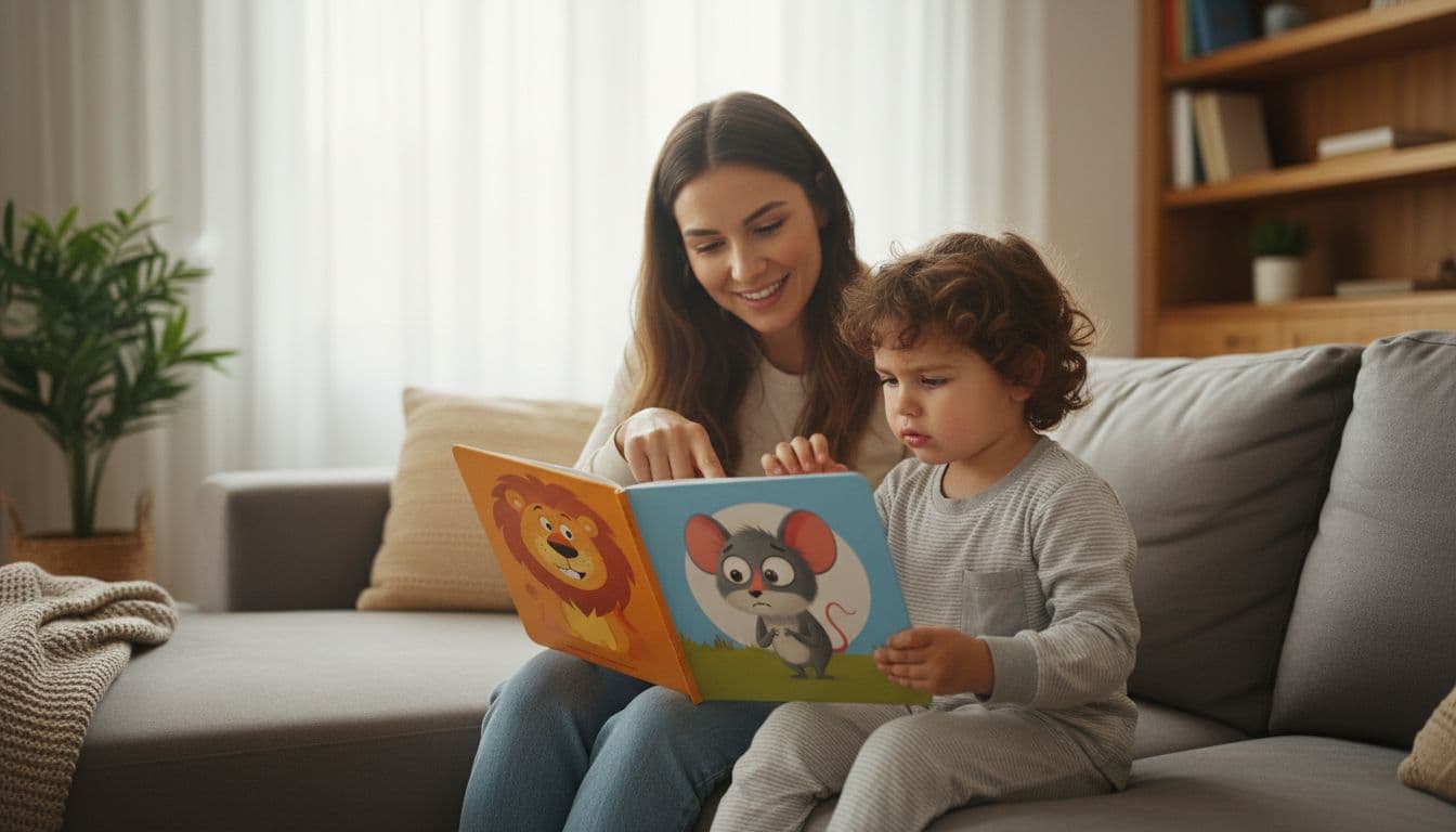 A parent reads a picture book to a focused child on a couch, pointing to characters' faces showing emotions like proud or nervous, in soft living room lighting, realistic photo with exactly two people.