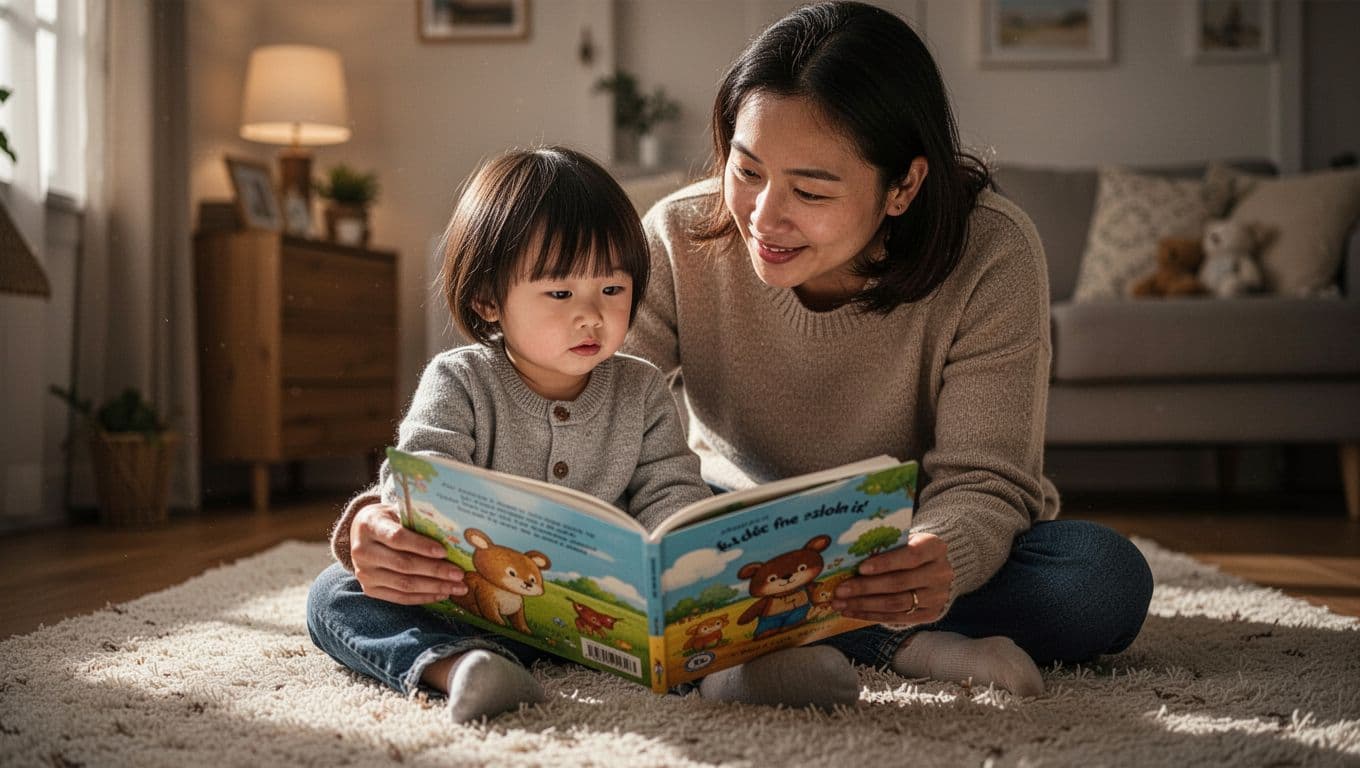 A parent and small child sit together on a plush rug, focused intently on a colorful illustrated book about fish. Warm light illuminates their joyful expressions in a cozy living space.